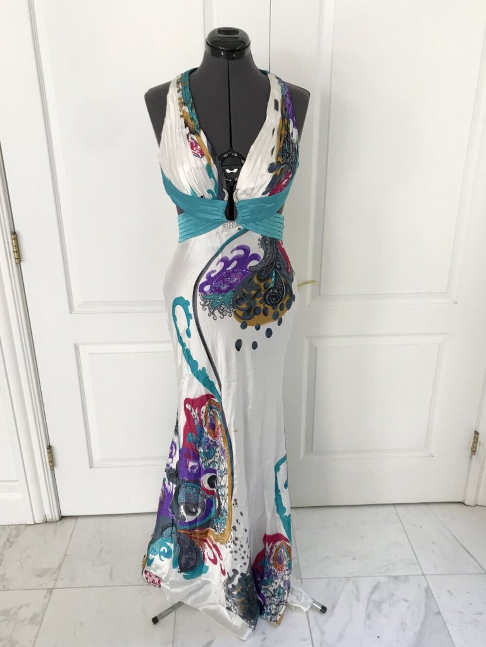 Vintage Cache Mermaid Evening Gown in Teal, White, Purple & Pink, Size 8 - Picture 2 of 16